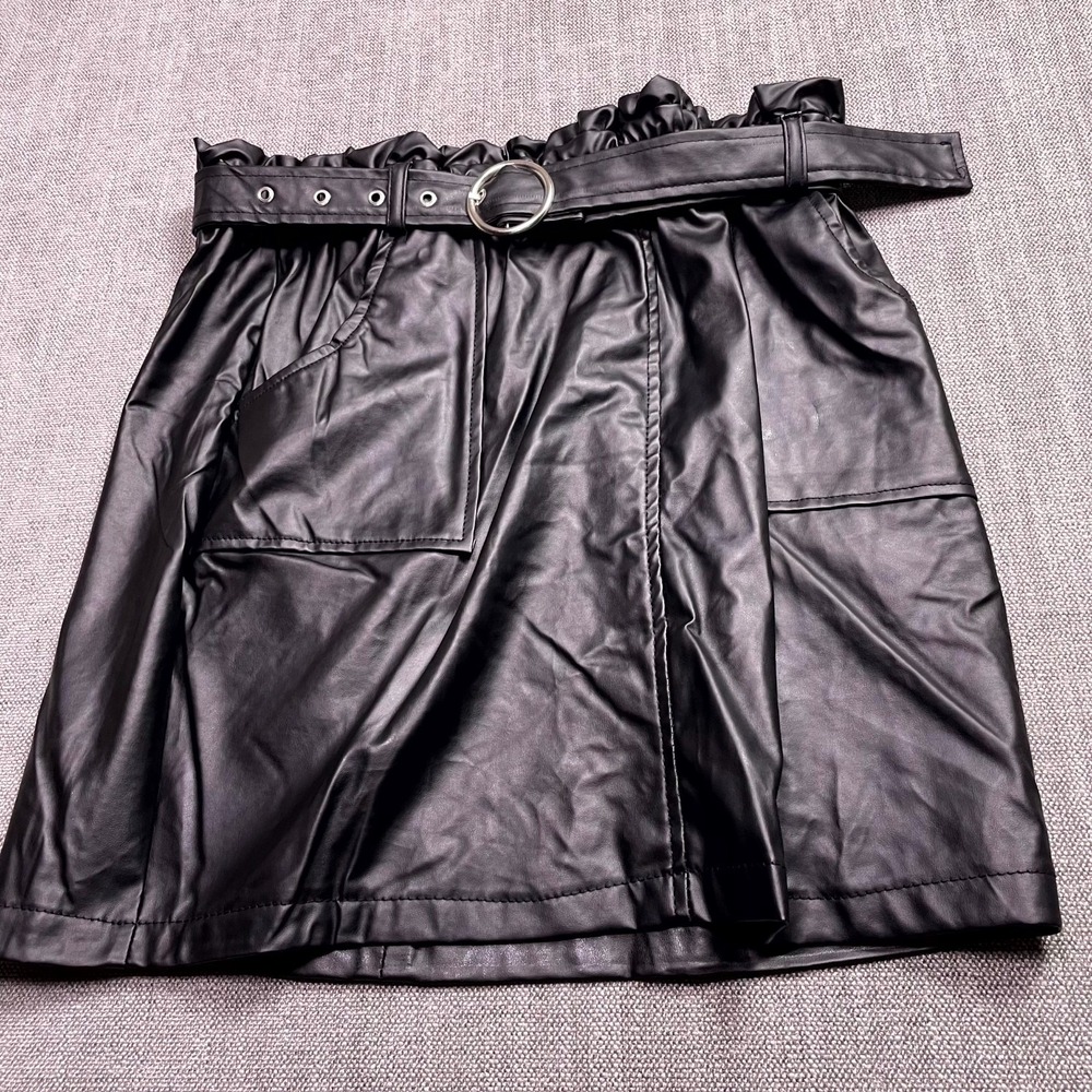 New Look Mini Skirt Womens Large Black Faux Leather Belted Paperbag Waist Zip